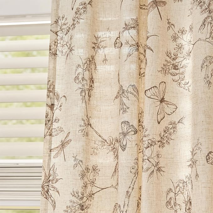 Taupe Floral Linen Curtains Farmhouse Rod Pocket 50W X 108L 2 Panels | - Image 9