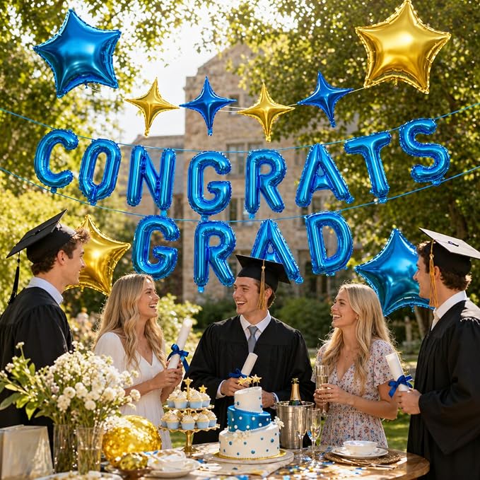 Congrats Grad Balloons, 16 Inch Blue Gold Congrats Grad Letters Banner Balloons - Image 6