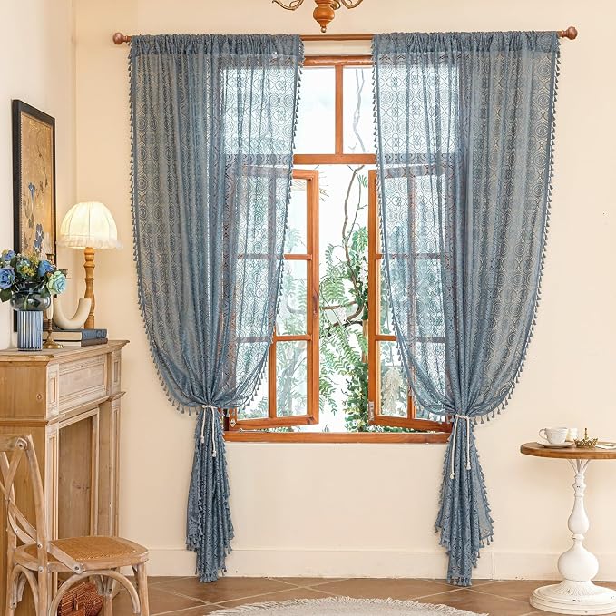 YJ YANJUN Boho Lace Curtains, Dusty Blue Sheer Window Panels | Calming - Image 5