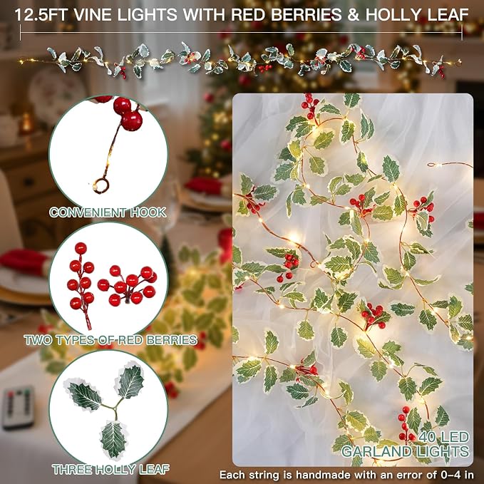 40 LED Christmas Fairy Lights Battery Powered, 12.5ft Vine String Lights - Image 3