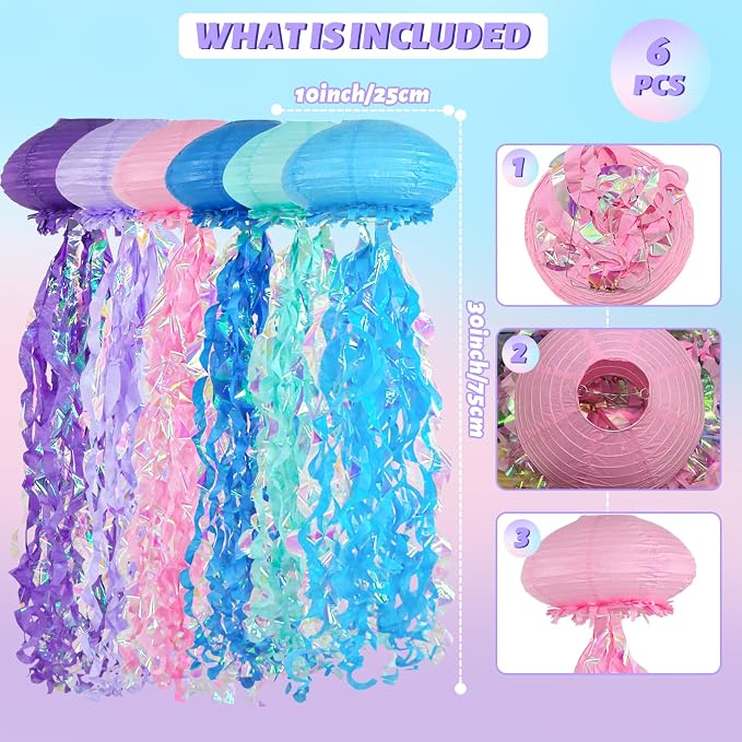 6-Pack Jellyfish Paper Lanterns, Under the Sea Party Decorations | 10-Inch Blue - Image 6
