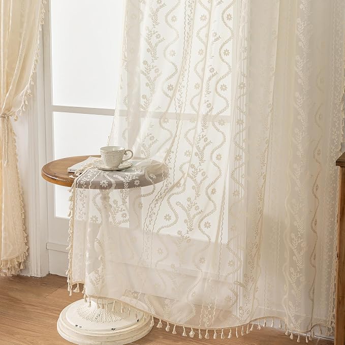 WAZZIO Boho Lace Curtains 2 Panels 96 Inches -Cute Vintage Victorian Sheer - Image 6