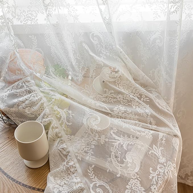 Deeprove Ivory Lace Boho Sheer Curtains Cottage 2 Panels 96 inches Long - Image 6