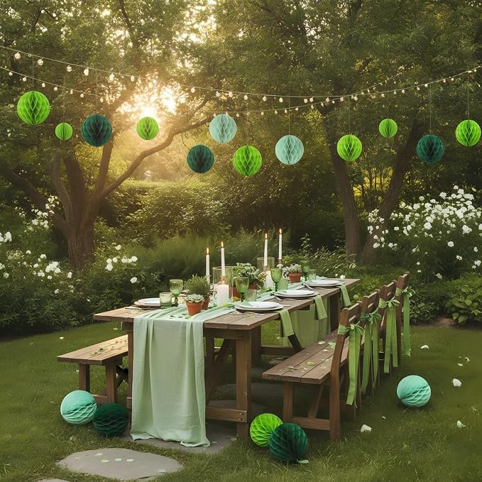 Green Paper Honeycomb Balls, 12 Pack Hanging Tissue Pom Poms - Image 6
