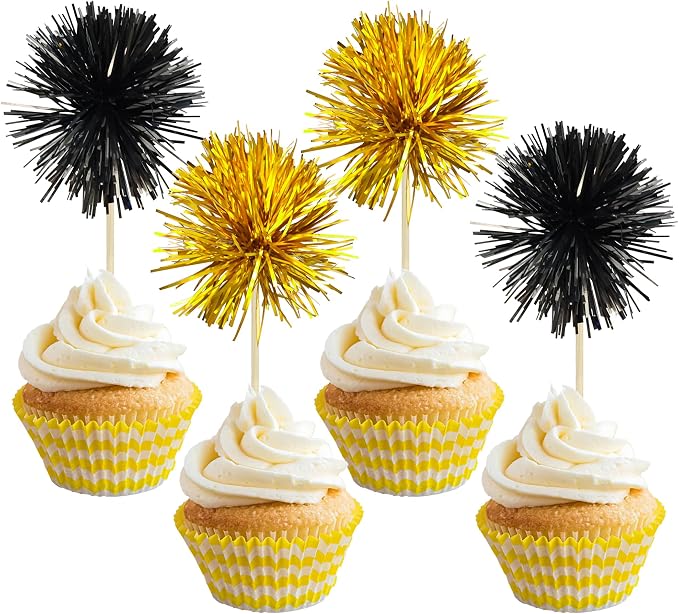 Gyufise 30Pcs Foil Firework Cupcake Toppers Sparkle Tinsel Cake Toppers Tinsel by Gyufise