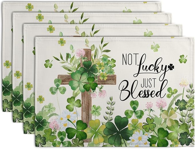 St Patricks Placemats Set of 4 St. Patrick's Day Cross Shamrocks Clover Linen by Wnoesat