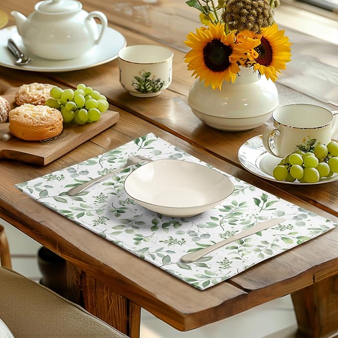 Sage Green Eucalyptus Leaves Placemats Set of 4 Spring Summer Watercolor Leaf - Image 6