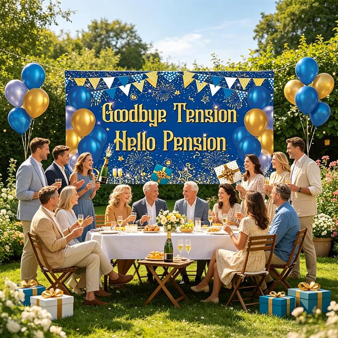 Blue Gold Goodbye Tension Hello Pension Backdrop Banner Photography Background - Image 5