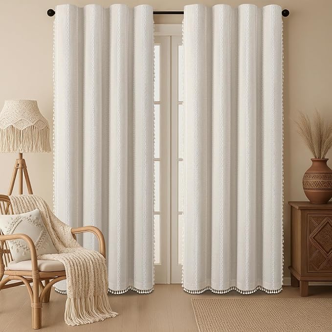 80% Boho Blackout Curtains 84 Inch Linen Blend Drapes 2 Panels | Vintage - Image 9