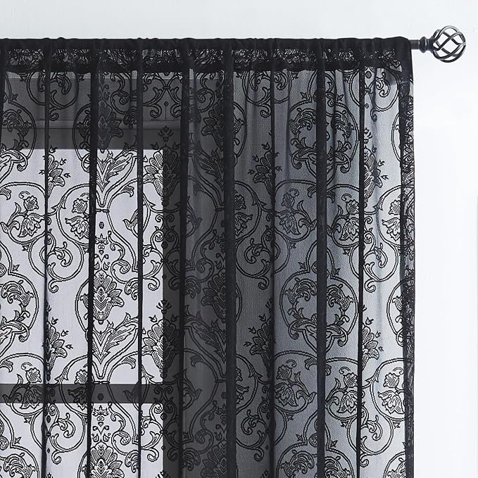 Black Lace Sheer Curtains 95 Inch Long Vintage Floral Curtains - Image 5