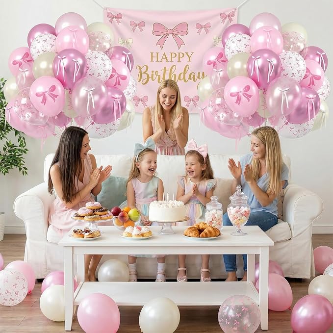 Pink Bow Balloons, 12 Inch Pastel Pink White Bow Printed Balloons - Image 6