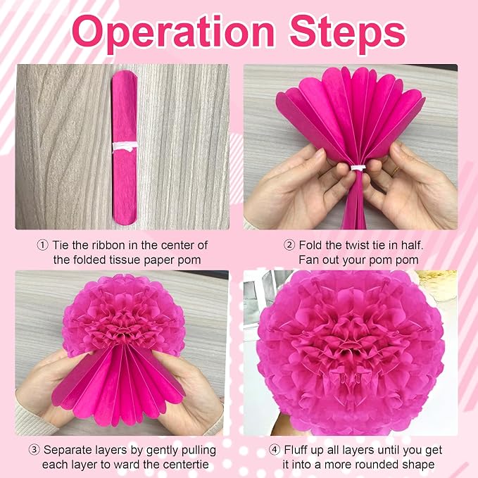 Tissue Paper Pom Poms, Rose Red Paper Flower Ball - Image 3