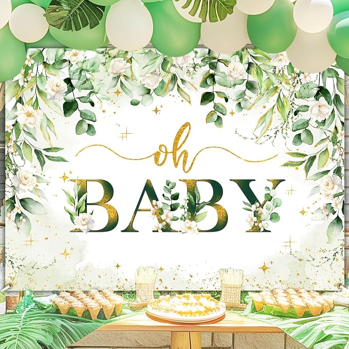 Greenery Boy Baby Shower Decorations Banner Floral Green Sage Oh Baby Backdrop - Image 6