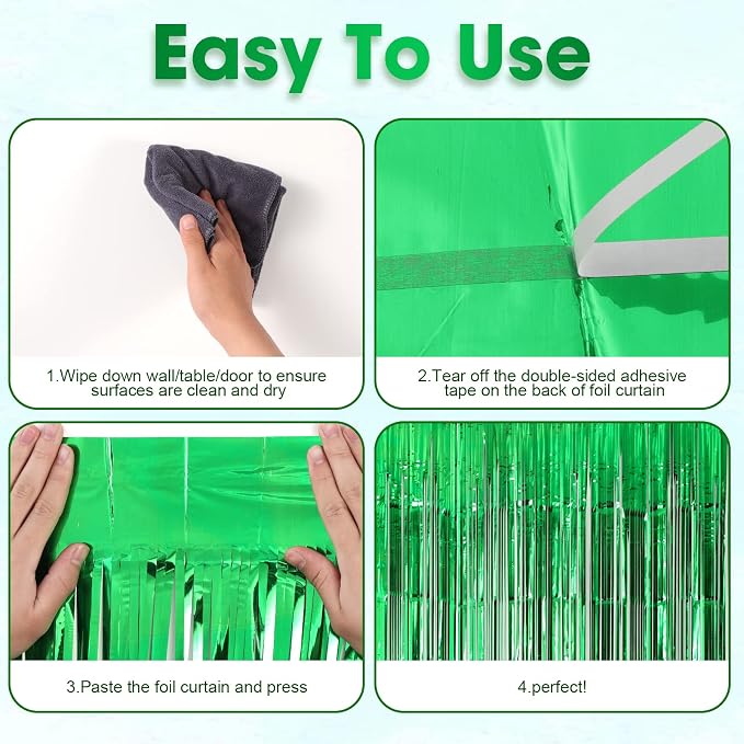 Voircoloria Green Foil Fringe Backdrop Curtains, 2 Pack | Tinsel Streamers - Image 4