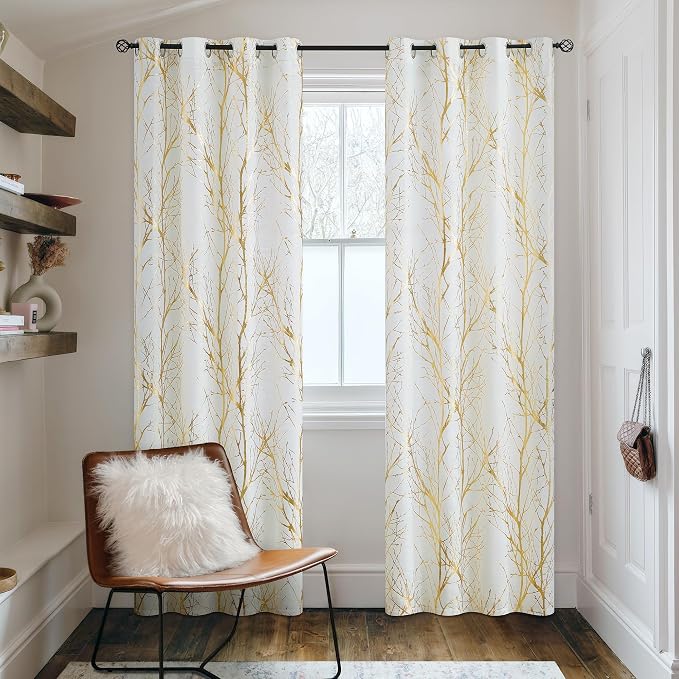 FMFUNCTEX Linen Gold White Semi Sheer Print Curtains 54 Inch Long 2 Panels | - Image 5