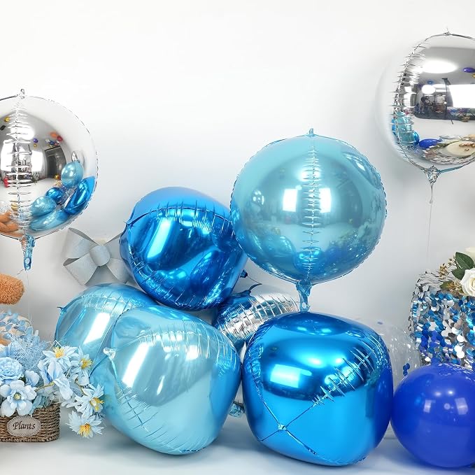 Blue Silver Round Foil Balloons 9 pcs, Metallic Giant 4D Round Balloons 22 Inch - Image 3
