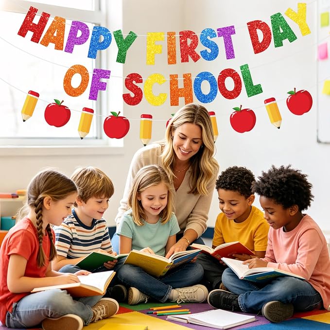 Happy First Day of School Decorations, Pre-Strung Back to School Banner | - Image 4