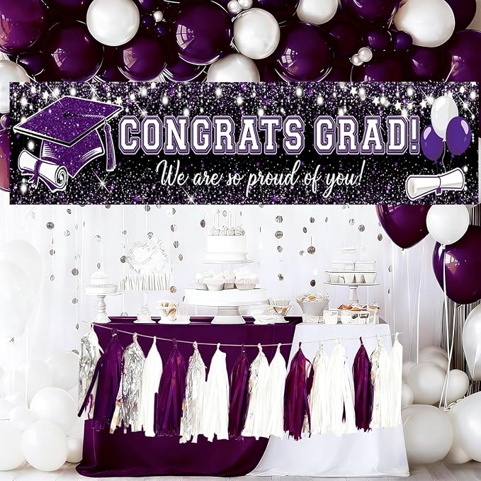 Purple Graduation Decorations, Congrats Grad Graduation Banner Glitter Purple - Image 3