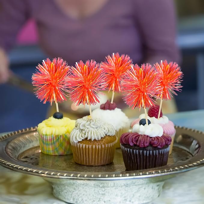 Gyufise 30Pcs Foil Firework Cupcake Toppers Sparkle Tinsel Cake Toppers Tinsel - Image 5