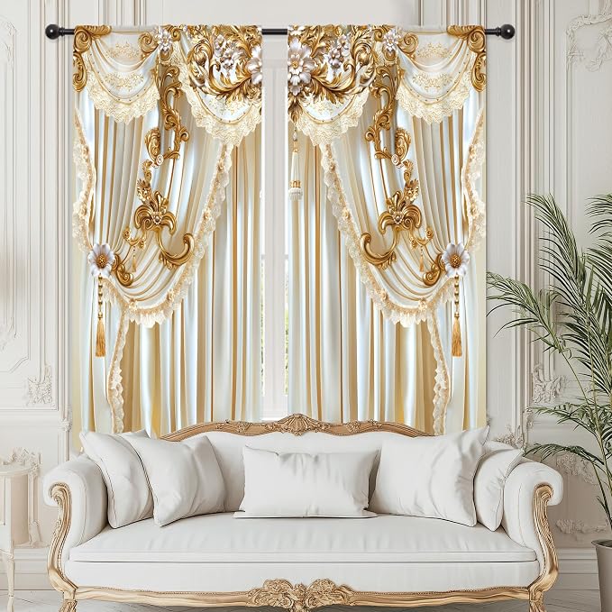 White Gold Golden Vintage Elegant No Living Room Bedroom Window Curtains | 42"W - Image 2