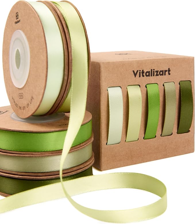 Vitalizart Green Ribbons for Crafts 3/8" x 50Yds Double-Faced Satin Thin | by Vitalizart