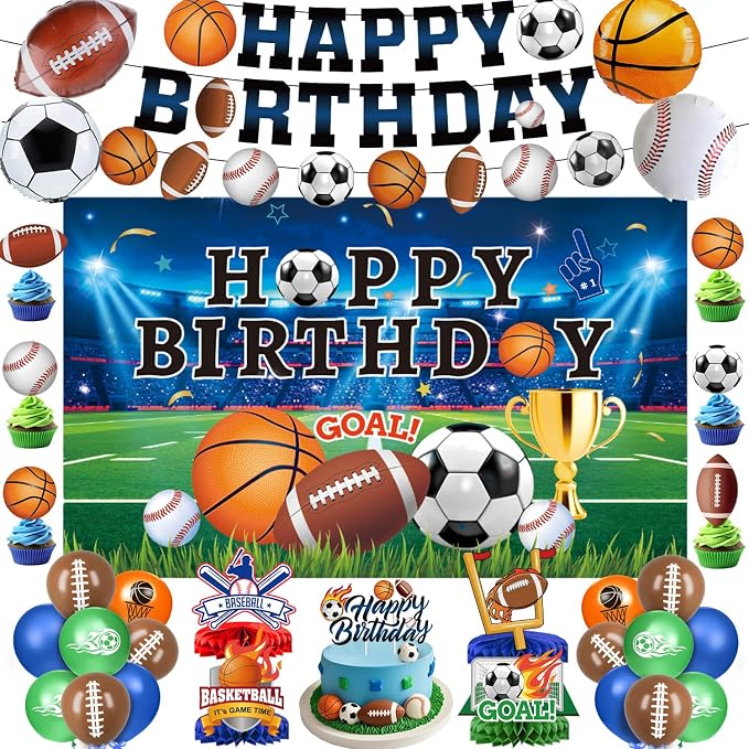 Sports Birthday Party Decorations Includes Banner, Foil & Latex Balloons by QIYANPAX