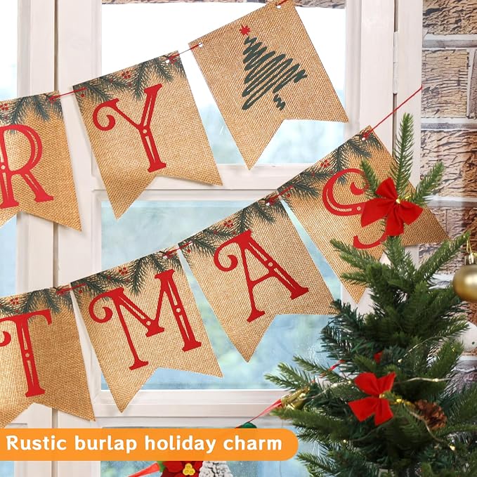 Christmas Burlap Banner and Felt Poinsettia Garland, Pre-strung Christmas - Image 5