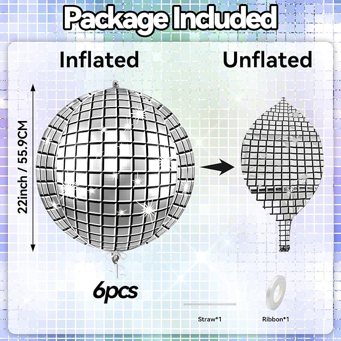 6pcs 22 Inch Silver Disco Ball Balloons, 4d Large Foil Aluminum Balloon - Image 2