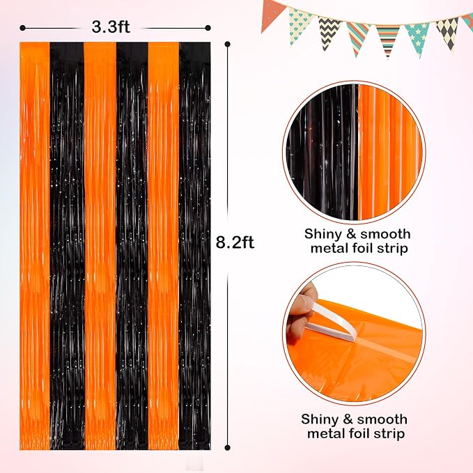 Orange Black Tinsel Foil Fringe Curtains, 2 Pack 3.3x8.3 Feet Party Streamer - Image 2