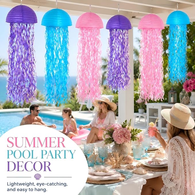 6-Pack Jellyfish Paper Lanterns, Under the Sea Party Decorations | 10-Inch Pink - Image 5