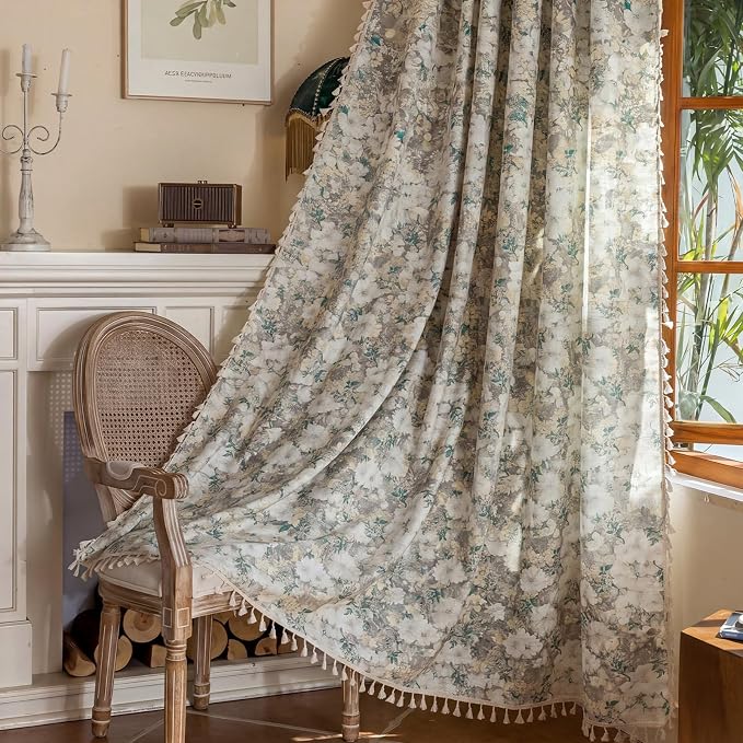 Floral Semi Sheer Rod Pocket 96 Inch Curtains 2 Panels by ENJOYBRIDAL