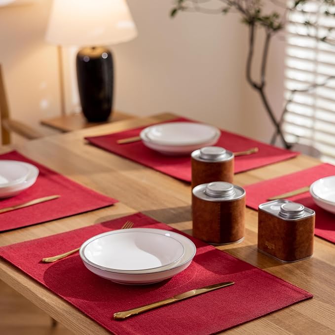 Demetex Red Placemats Set of 8 Fade Resistant Linen Placemats Modern Decorative - Image 6