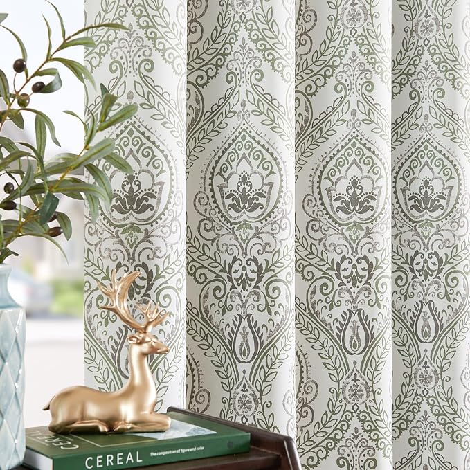 jinchan Sage Green Blackout Curtains 90 Inch Damask Grommet 2 Panels | Room - Image 2