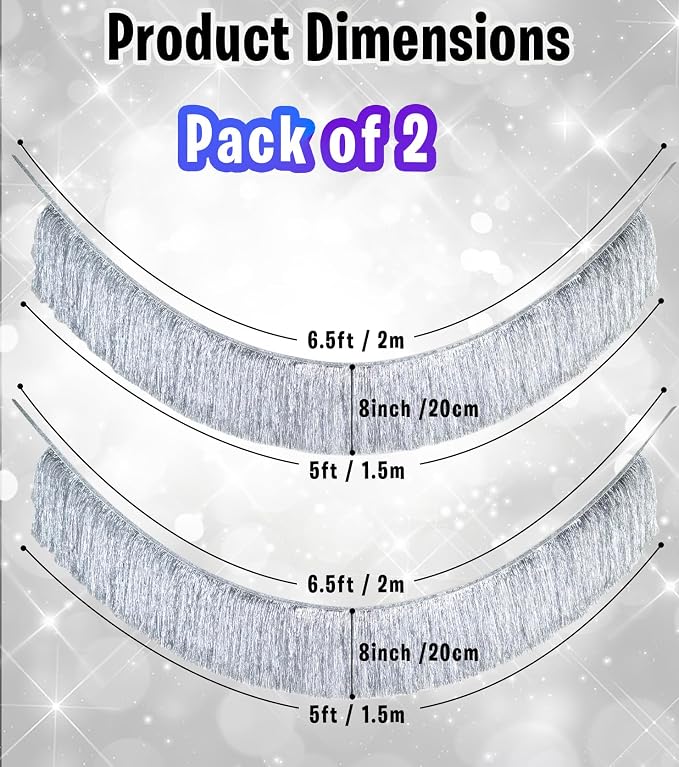 2 Pack Silver Fringe Garland Tinsel Banner Party Decoration | Dense Shiny - Image 3