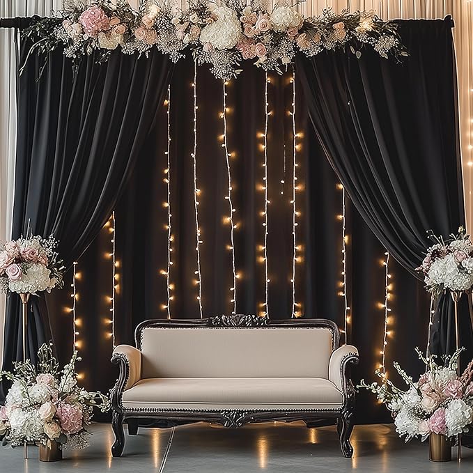 30ftx15ft Wrinkle Free Black Backdrop Curtain, 6 Panels 15FT Height Black Wedding Backdrop Drapes, Silky Polyester Back Drop Cloth for Birthday Photography Background Party Backdrop Draping