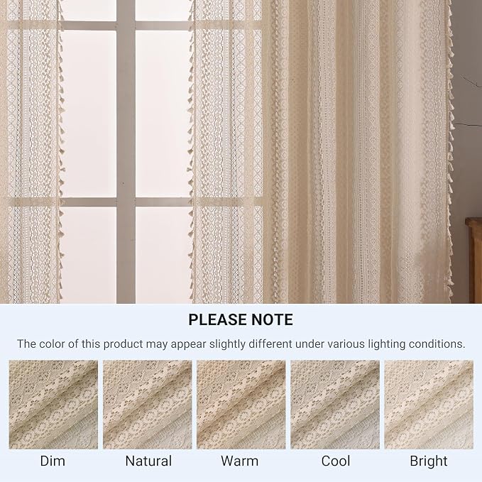 WAZZIO Boho Lace Curtains 102 Inch 2 Panel, Light Filtering Privacy Tassel & - Image 8
