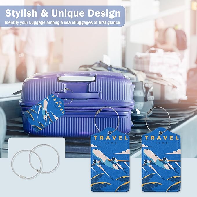 2 Pack Luggage Tags,Leather Suitcase Tags with Privacy Cover Name Address Labels& Durable Steel Loop for Men/Women Travel Bag Suitcases(Time to Travel Retro)