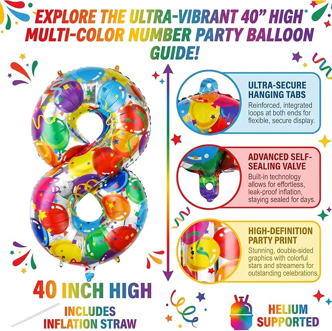 40 Inch Number 8 Balloon Colorful Foil Balloons - Image 2