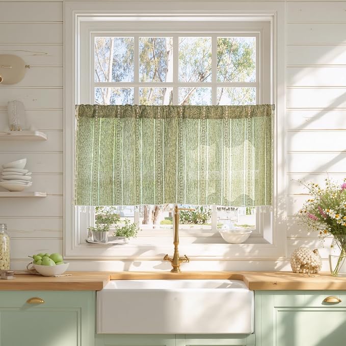 Sutuo Home Green Boho Curtain 52W x 18L inch White Striped Light Filtering by SutuoHome