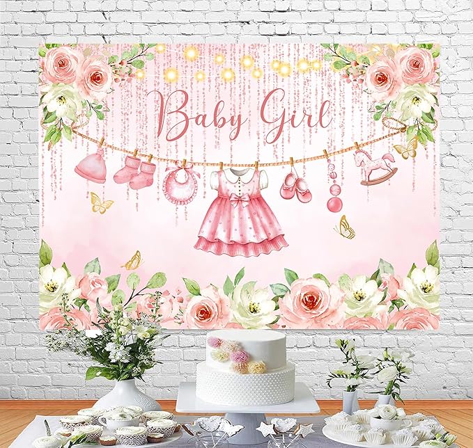 InMemory Girl Baby Shower Backdrop Pink Floral Baby Shower Decorations - Image 4