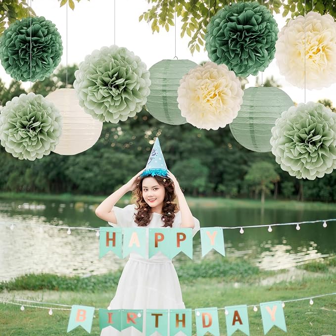 Green Birthday Party Decorations Paper Lanterns and Pom Poms 15pcs Set | Baby - Image 4