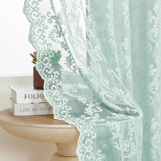 Pastel Turquoise Lace Curtains 96 Inches Long Rod Pocket Light Teal Paisley - Image 4