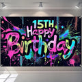 HOMETITUTE Neon 15th Happy Birthday Banner 71x43 Inch Paint Splatter Glow in by HOMETITUTE