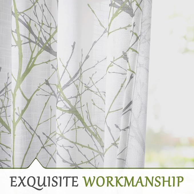 FMFUNCTEX Linen Sage Green White Semi Sheer Print Curtains 72 Inch 2 Panels | - Image 8