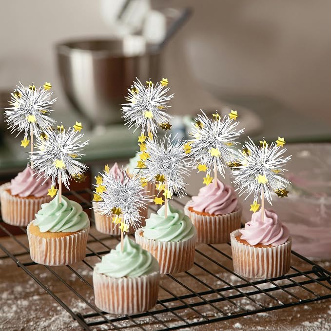 30 PCS Foil Firework Cupcake Toppers Happy Birthday Star Cupcake Picks Sparkle - Image 5