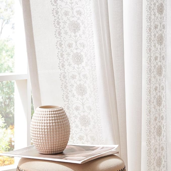 jinchan Floral Linen Curtains Embroidered Back Tab 50x63in 2 Panels White | by JINCHAN