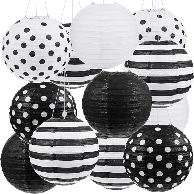Treela 12 Pack Black and White Paper Lanterns Back to School 8" Round Hanging by Treela