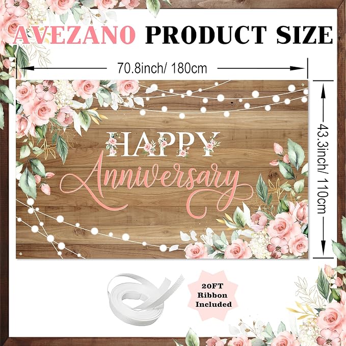Avezano Happy Anniversary Backdrop Rustic Pink Floral Happy Anniversary Banner - Image 3