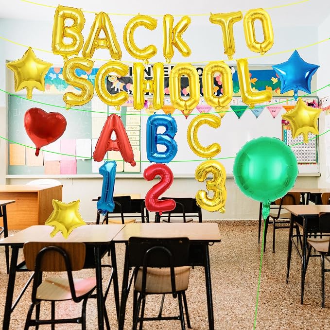 16 Inch Gold Foil BACK TO SCHOOL Letter Balloon Set, ABC 123 Balloons, and - Image 6