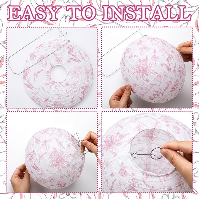 Riakrum 18 Pcs Floral Paper Lantern Set 10" 8" Pink and White Flower Chinese - Image 3